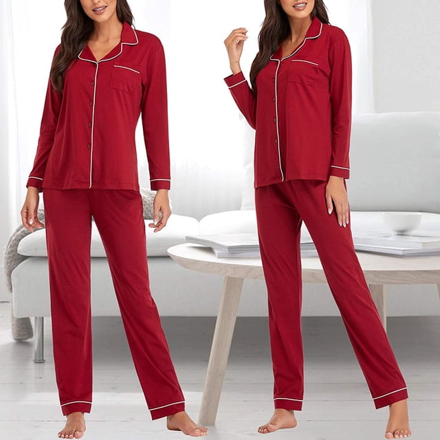 Ensembles de Pyjama pour Femmes Pyjamas pour Femmes en Coton Uni à Manches Longues Ajustés Tenue d'Intérieur Hauts Pantalons Ensemble m