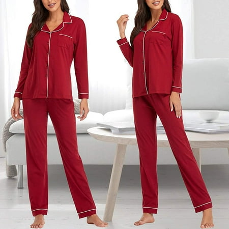

NEGJ Women s Pure Color Cotton Long Sleeve Pajamas Slim Homewear Tops Pants Set