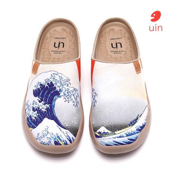 UIN Women's Slippers Fashion Canvas Comfort Wide Toe Casual Household Slip On Travel Shoes Great Wave Off Kanagawa