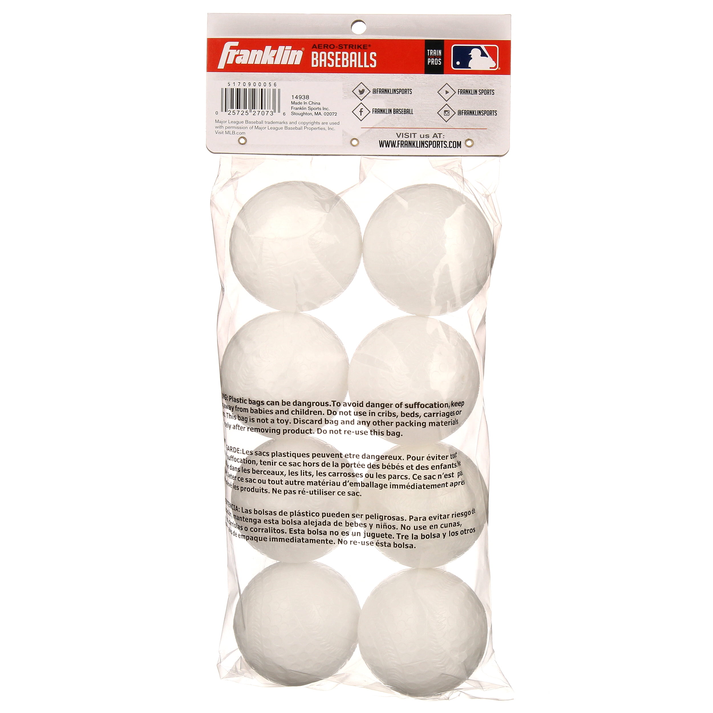 Franklin Sports Plastic Practice Baseballs, 70mm, 8 Pack