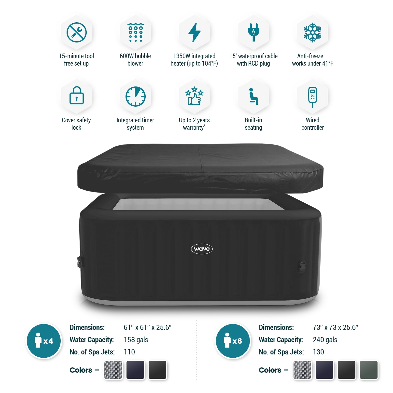 Wave PACIFIC, Inflatable Hot Tub & Spa, all Integrated, energy efficient, 6 Person, Square: GREY
