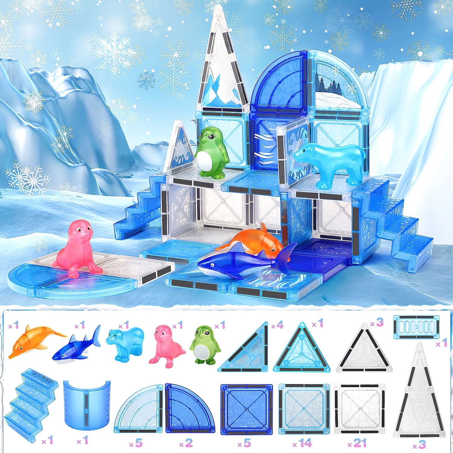Huge Wave Magnetic Tiles for Kids Ages 4-8, 76 PCS 3D Building Set Toys, Animal Magnetic Tiles, STEM Montessori Educational Toy, Christmas Birthday Gift for Toddler