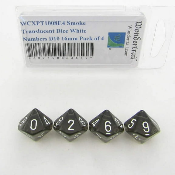 Smoke Translucent Dice with White Numbers D10 Aprox 16mm (5/8in) Pack of 4 Wondertrail