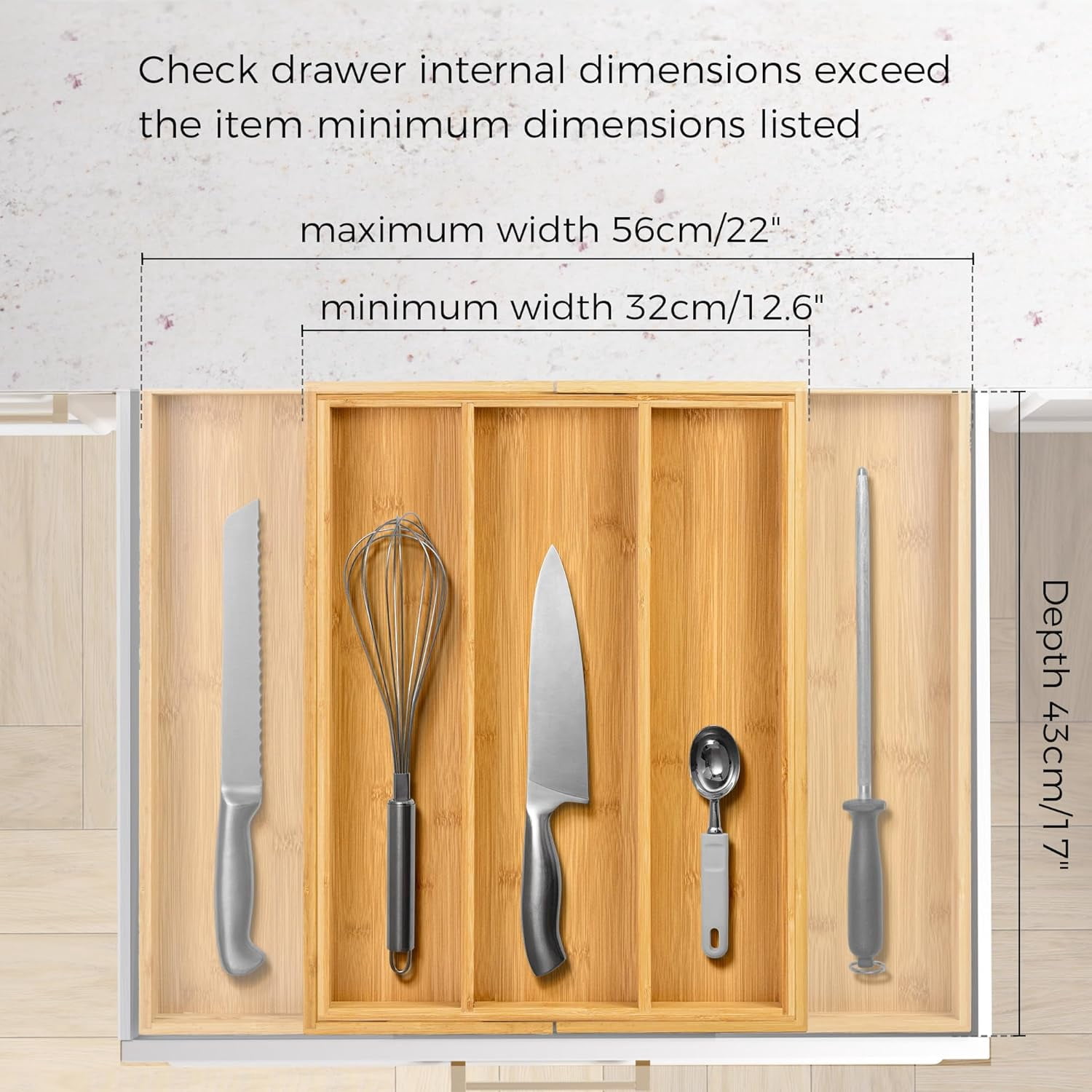 5-Slot Natural Bamboo Expandable Drawer Organizer – Adjustable Cutlery & Utensil Tray, Multi-Use Divider for Kitchen/Bedroom/Living Room