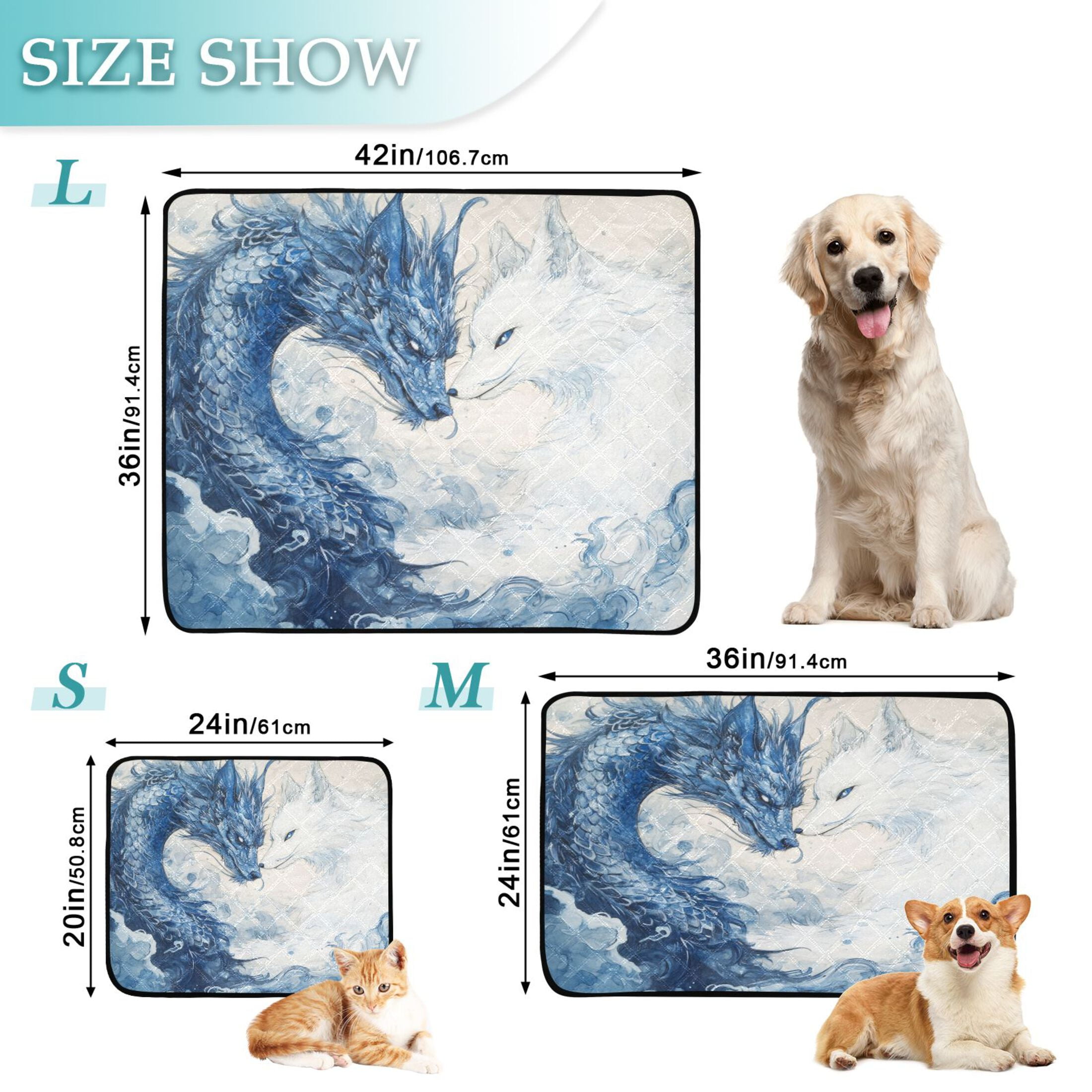 Qxltty Blue Dragon and White Fox Cat litter Pads Pet Set of 3 Diaper Mats Center Anti-leakage Layer Absorbent Soft and Comfortable