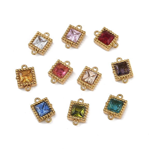 Ion Plating(IP) 304 Stainless Steel Cubic Zirconia Square Links Connector Charms Real 18K golden Plated Mixed color 9.5x6.5x3mm Hole: 0.9mm