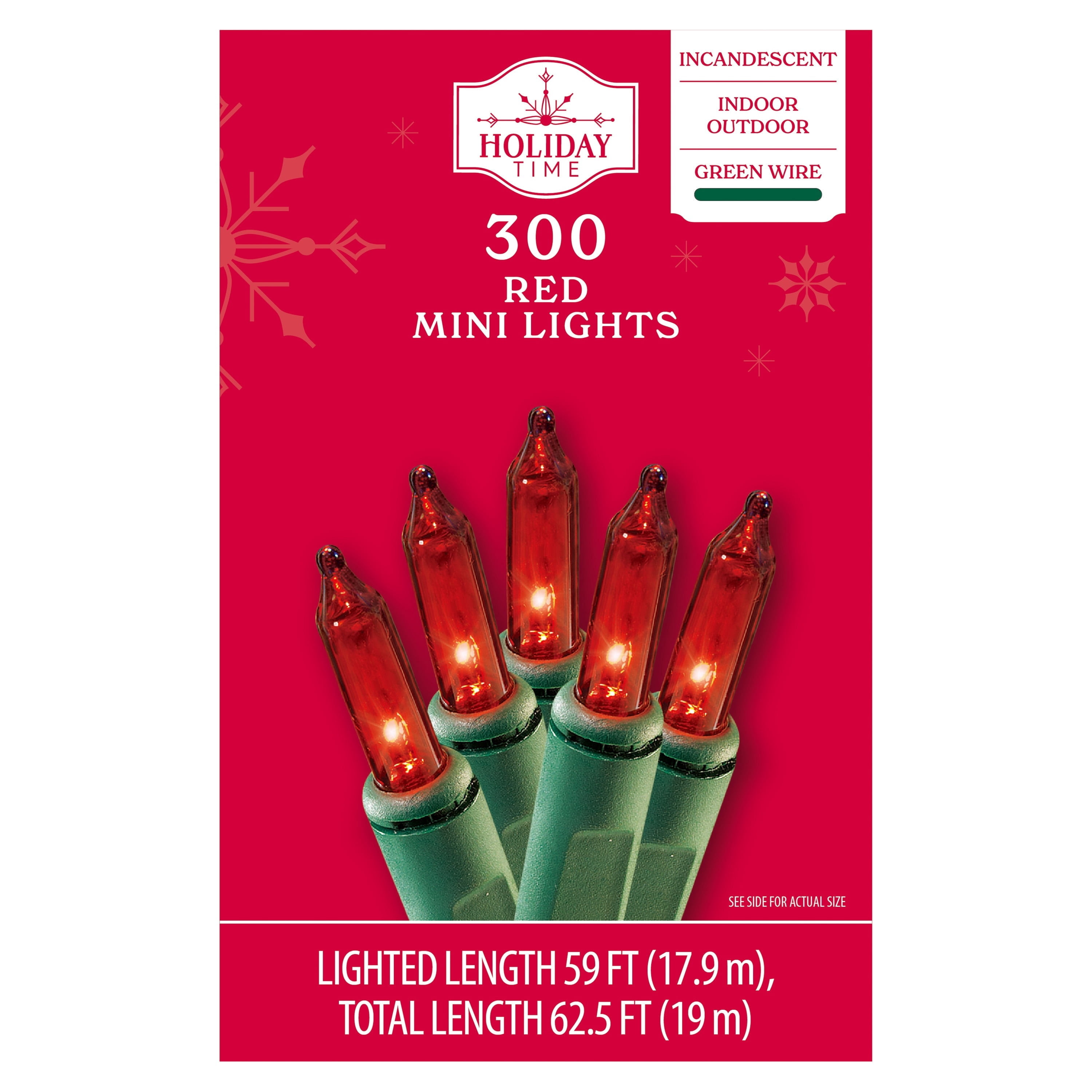 Indoor/Outdoor 300-Count Incandescent Mini Christmas String Lights, Red, Green Wire, 59', by Holiday Time