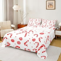 Homewish Christmas Dessert Twin Sheet Sets,Xmas Candy Cane Twin Fitted Sheet,White Red Flat Sheet For Girl Boy,Microfiber Bedroom Decor,3-Piece