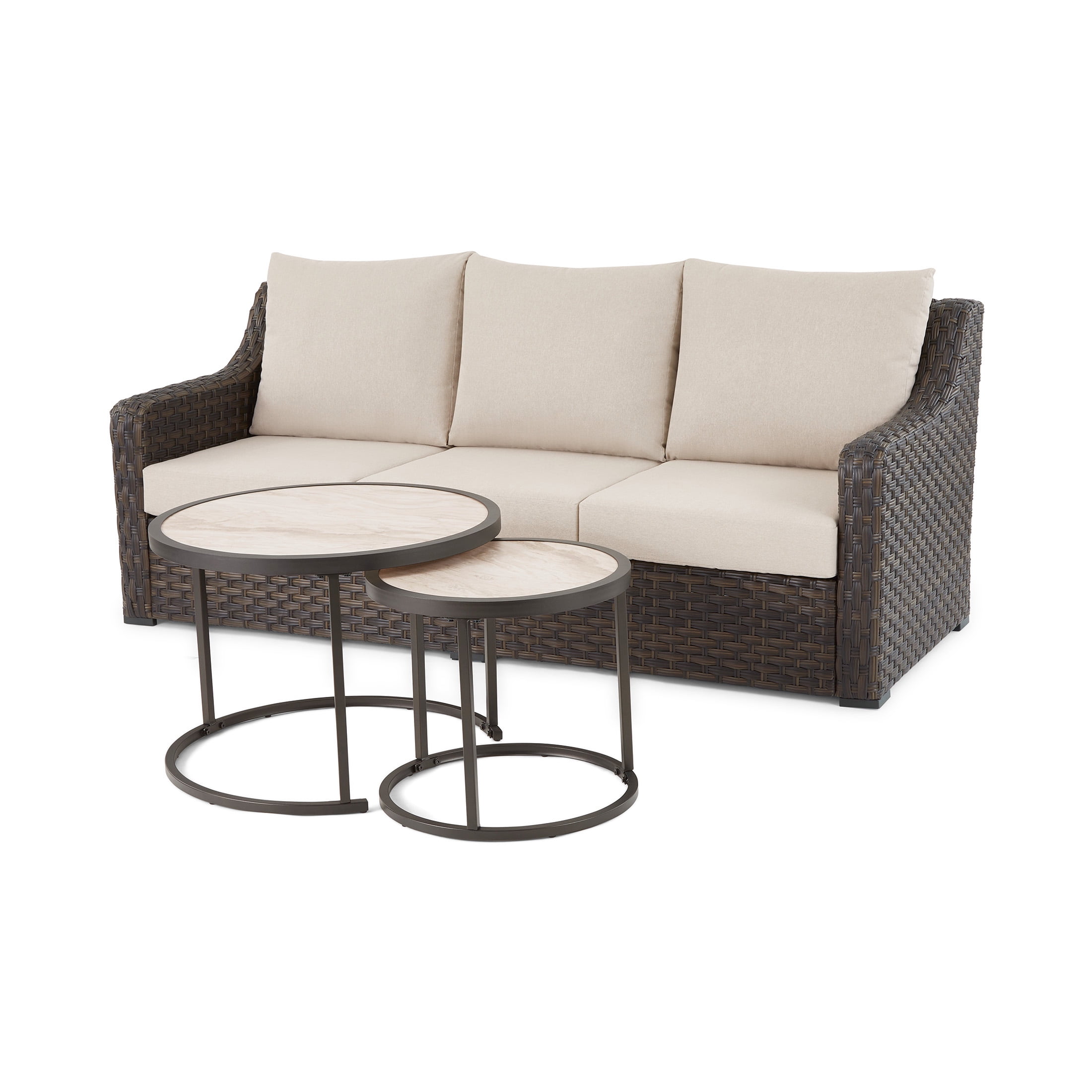 Better Homes & Gardens River Oaks Outdoor Sofa & 2 Nesting Tables with Patio Cover, Dark Brown