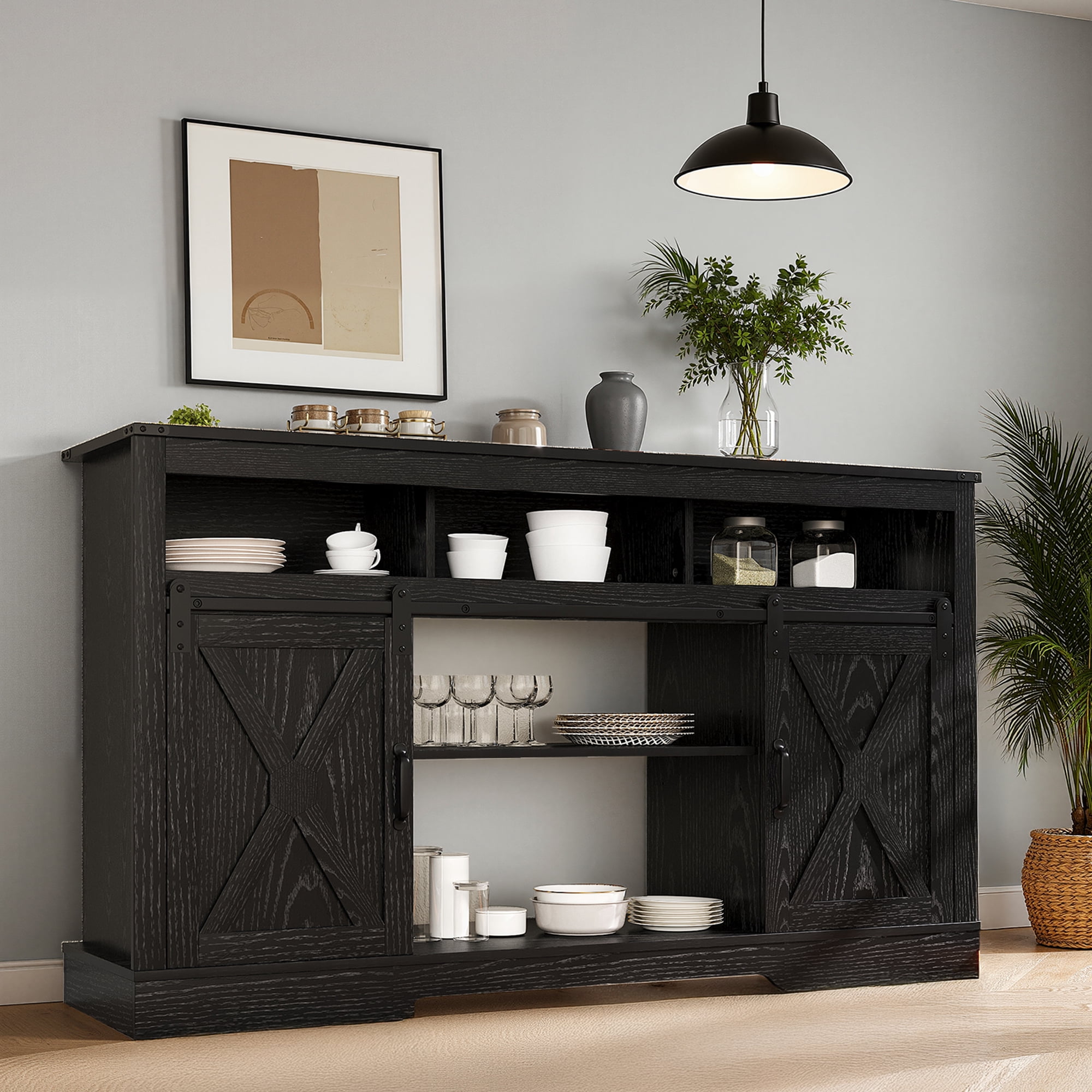 May in Color 34'' Tall TV Stand for 65"+ Inch TV, Farmhouse TV Console for 23" Fireplace, with Sliding Bar Door, Rustic Entertainment Center for Living Room, Bedroom (Black)