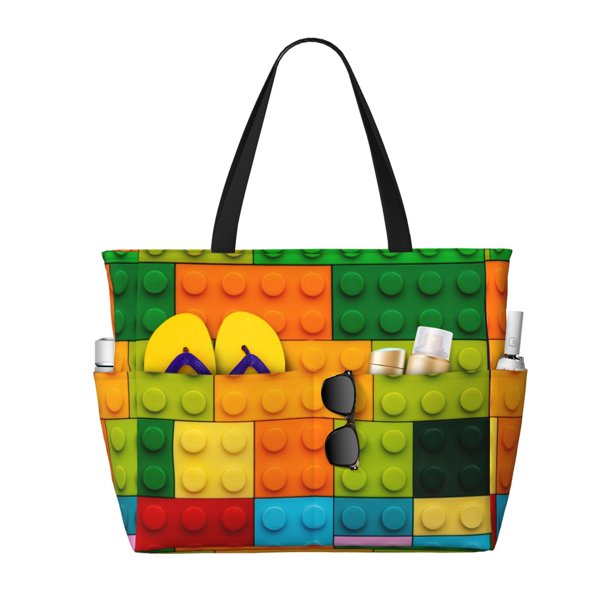 Disketp Colorful Building Blocks Bolsa de Playa de Gran Capacidad, Bolso Impermeable y a Prueba de Arena para Mujer, Ideal para Playa, Piscina y Natación
