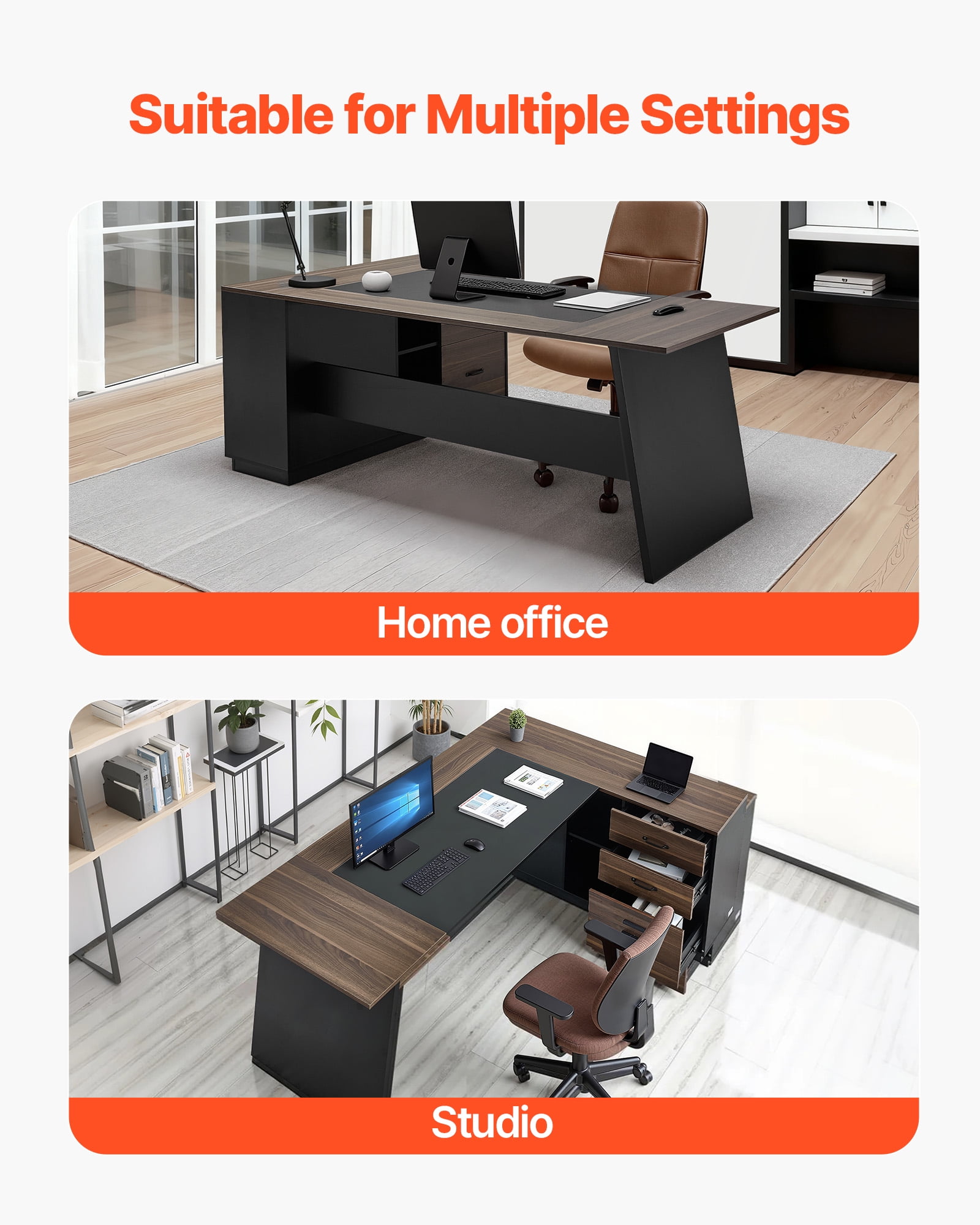 VEVOR L-Shaped Executive Desk, Large Modern Office Table with Drawers and Storage Cabinet, Heavy Duty Wooden Executive Table, 350 LBS Load Capacity, Easy Assembly, for Work Study Writing, Brown+Black