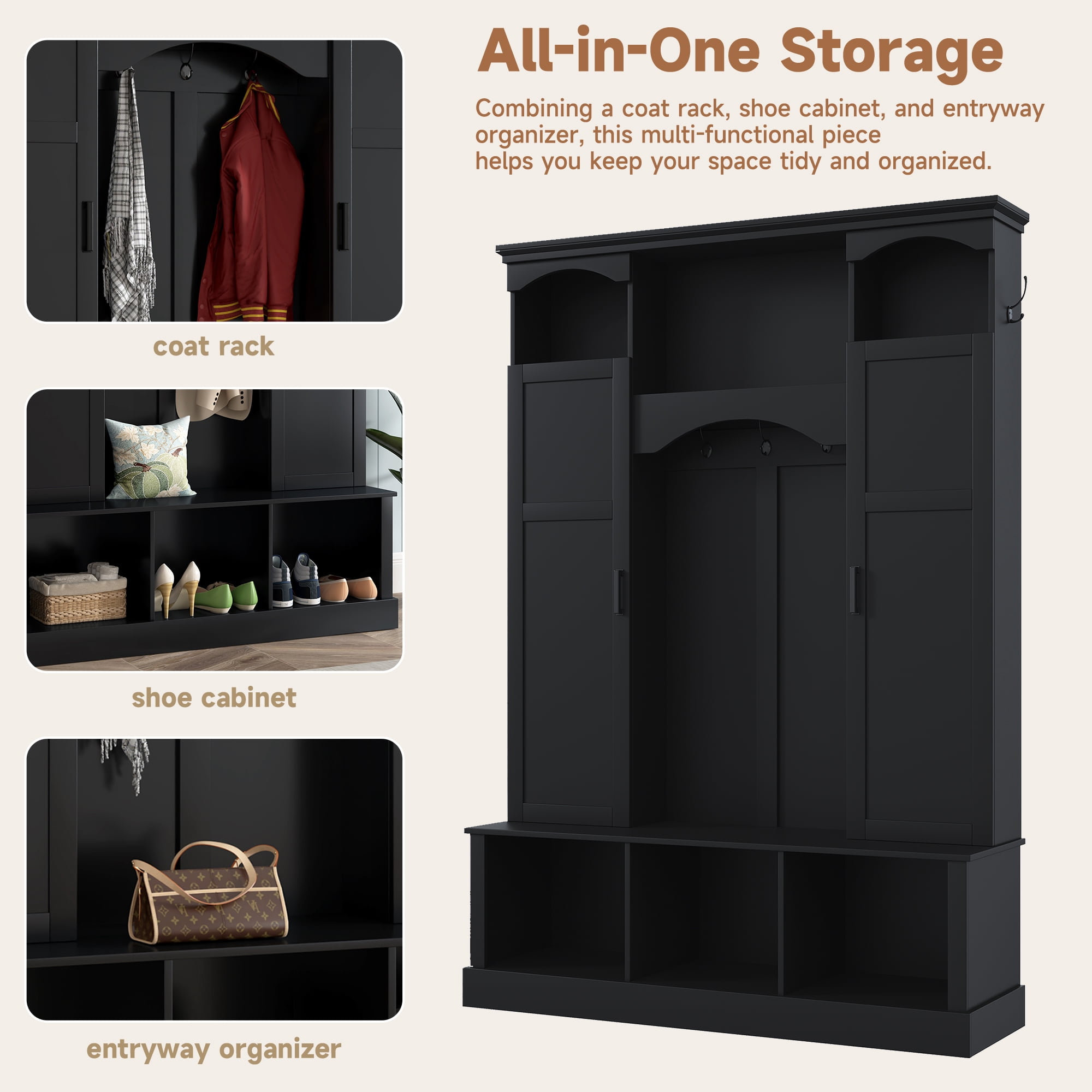 T-Foyer Farmhouse Black Hall Tree with 7 Hooks & 2 Cabinets, Wooden Rustic Entryway Organizer with Open Storage & Adjustable Shelves