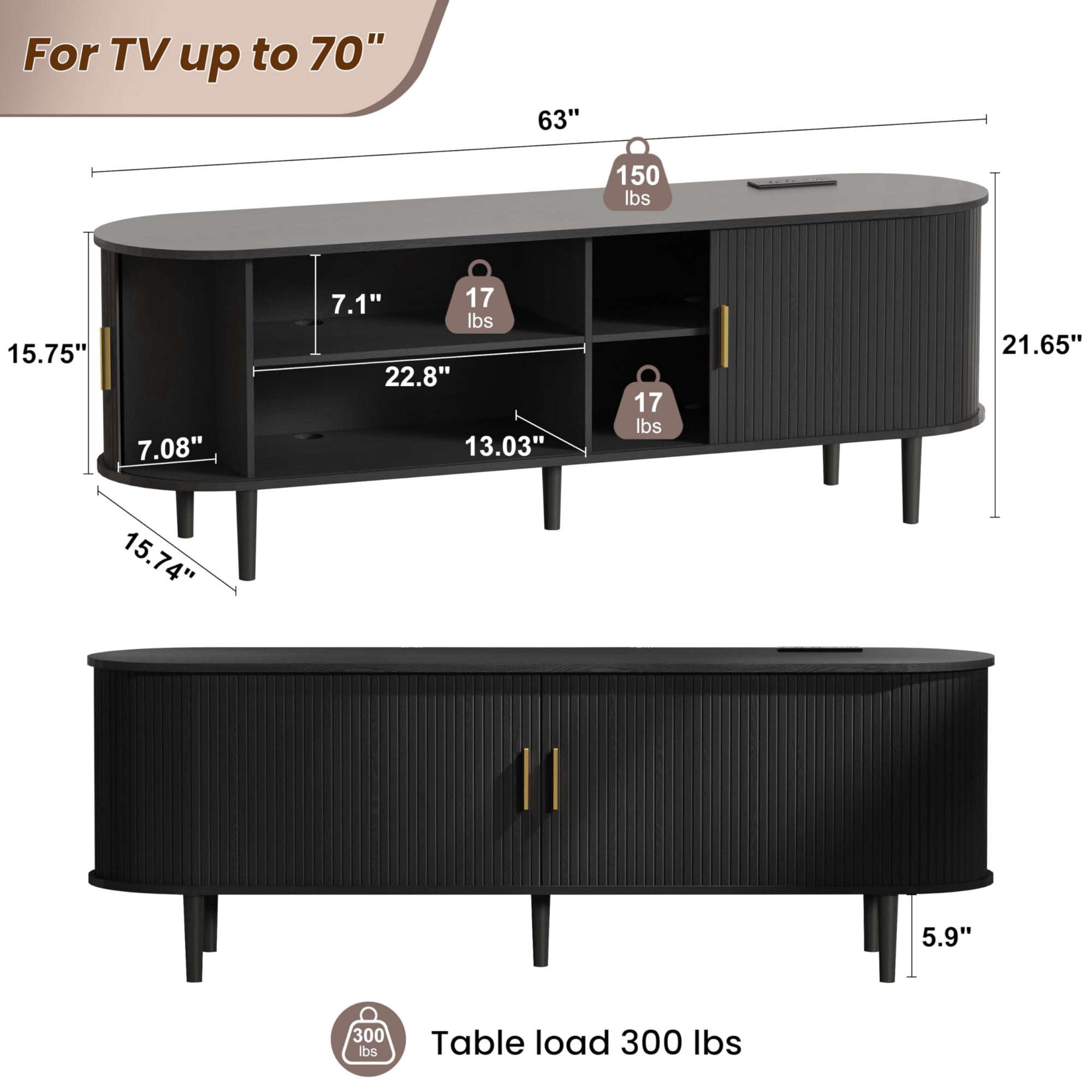 63 Inch Mid Century Modern TV Stand with Power Outlet, Fluted Media Console with Sliding Doors for TVs up to 70 Inch, Black