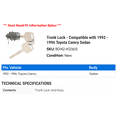 thumbnail image 2 of Trunk Lock - Compatible with 1992 - 1996 Toyota Camry Sedan 1993 1994 1995, 2 of 2