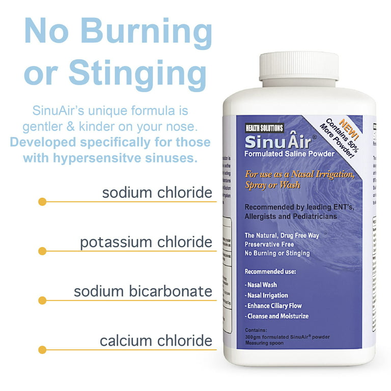 SinuAir Sinus Rinse Salt Solution - Saline Powder for SinuPulse System,  Neti Pot Flush, Nasal Wash Squeeze Bottle, & Nose Irrigation for Sinuses,  300g 