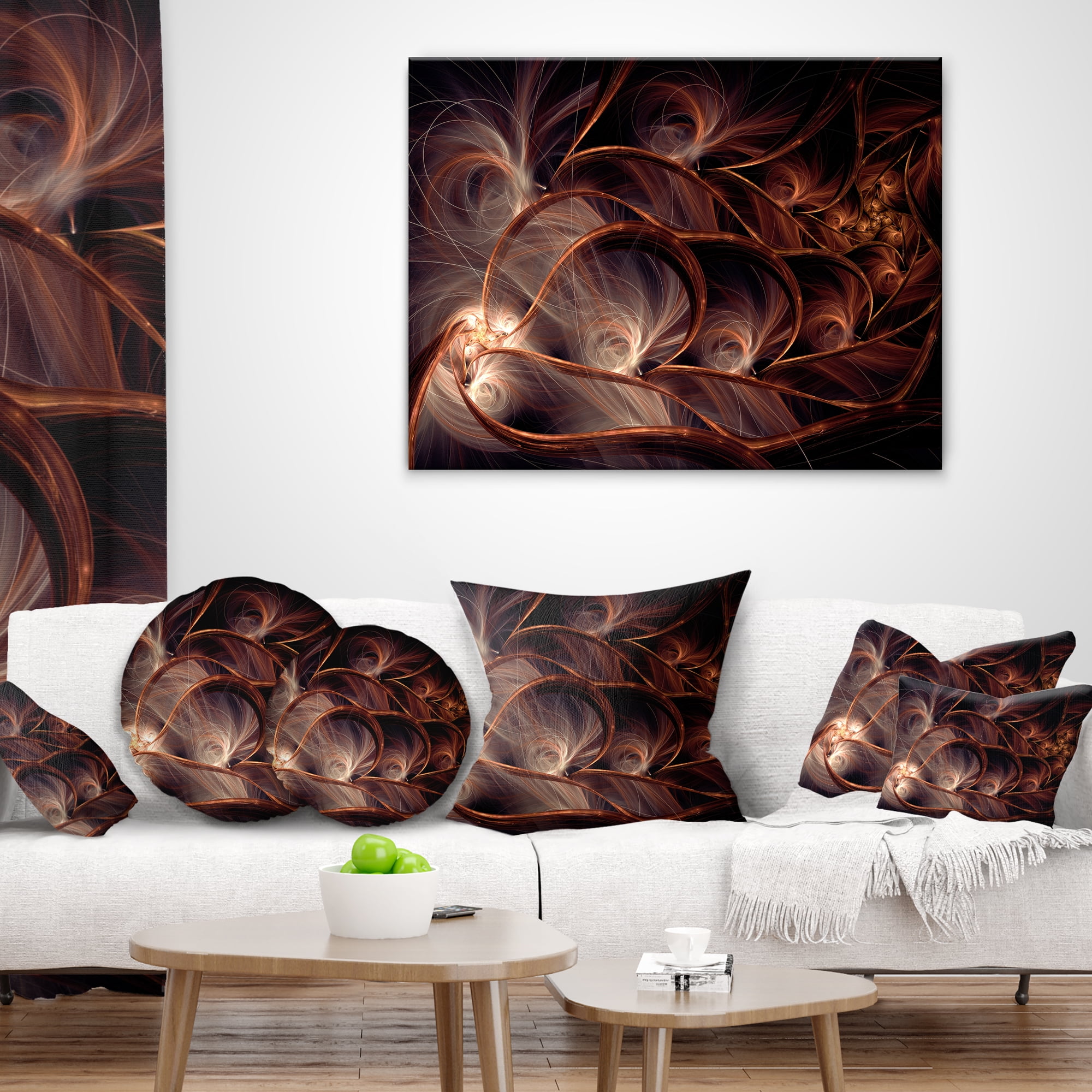 Designart Glittering Brown Fractal Flower on Black - Floral Throw Pillow - 16x16