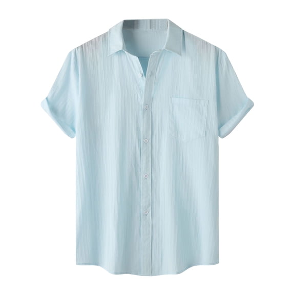 ZQUUVOU Men's Shirt Button Casual Solid Color Short Sleeved Turndown Collar Crew Neck Shirts (Light Blue,L)