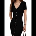 thumbnail image 3 of Vestido Midi Informal de Punto Acanalado, Cuello en V y Corta para Mujer, Otoño 2025, Ajustado, para Invierno Negro M, 3 of 8