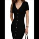 thumbnail image 3 of Vestido Midi Informal de Punto Acanalado, Cuello en V y Corta para Mujer, Otoño 2025, Ajustado, para Invierno Negro M, 3 of 8