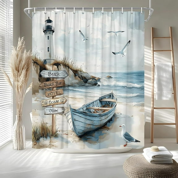 Nautical Coastal Shower Curtain Ocean Beach Lighthouse Seasides Sailboat Seagull Wild Grass Sea Waves Watercolor Seascape Bath Curtain Fabric Bathroom Accessories Decor with Hooks 72"W x 72"L
