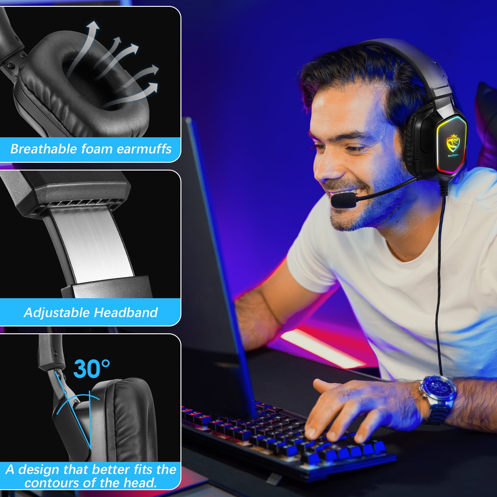 Gaming Headset with Microphone, Over Ear Headphones with Directional Noise Cancelling Mic and Dynamic RGB Lighting, 3.5mm Audio Jack, for PC, Smartphone, Gaming Console, Extra-Large Earcups
