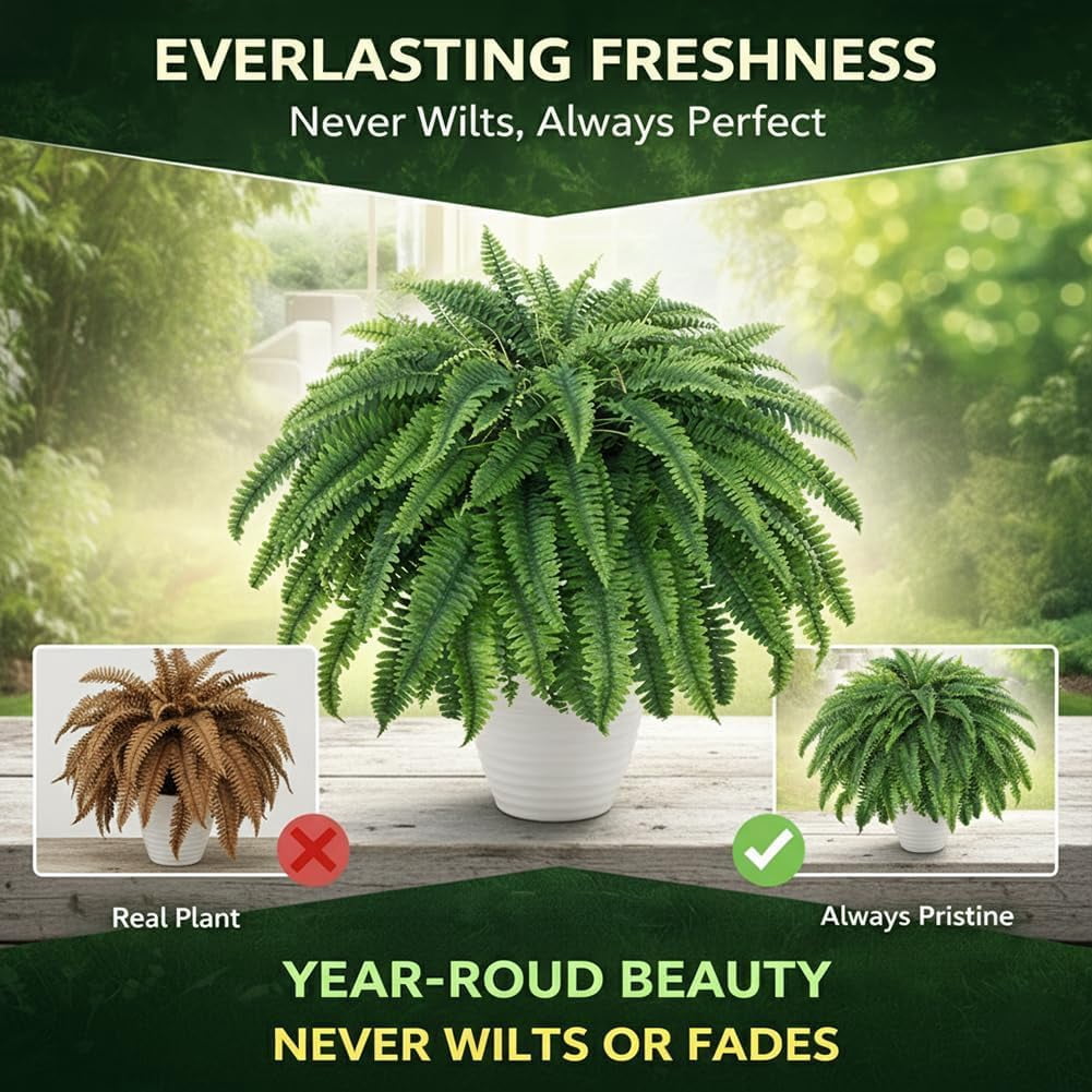 UV-Resistant Artificial Boston Fern for Outdoor Planters – Lifelike Silk Faux Plant for Patio, Porch & Garden, 38/60/88 Leaf