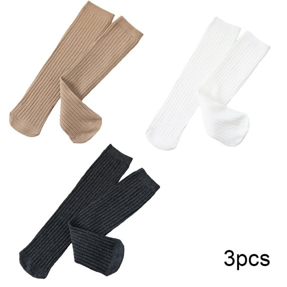 LYMAYTER Girls Cotton Mid-Calf Socks 3 Pairs for Kids Baby Spring Solid Colours Calf Socks Toddler Casual Stacked Socks for 3-12 Years