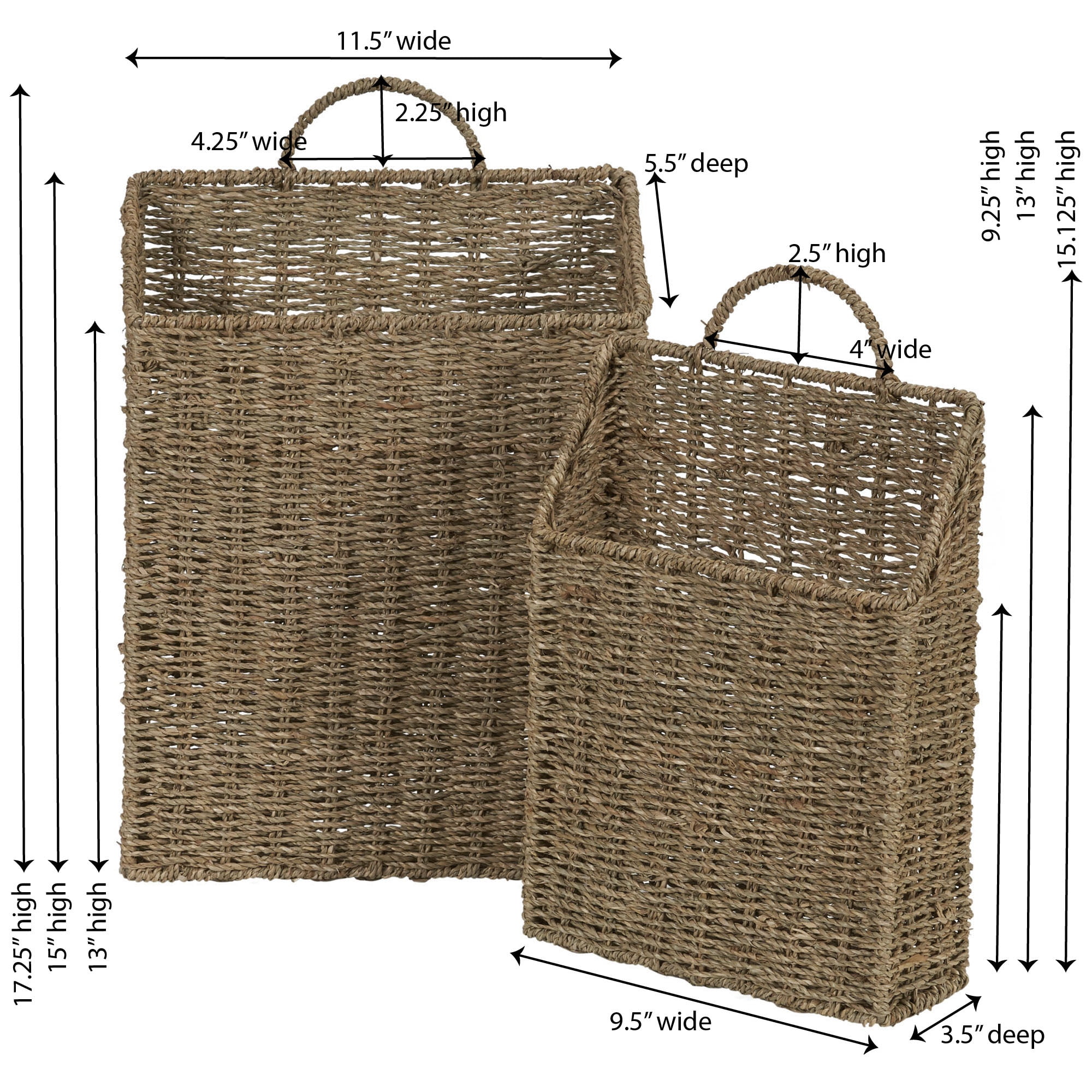 Household Essentials Rectangular Wicker Hanging Baskets, Set of 2, Small and Large, Handwoven Seagrass, Durable Metal Wire Frame, Natural
