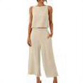 thumbnail image 1 of RT5YKing Ensemble 2 Pcs Coton et Lin Mode Femme Col Rond Blouse Sans Manches Unie + Pantalons Amples avec Poches, 1 of 8
