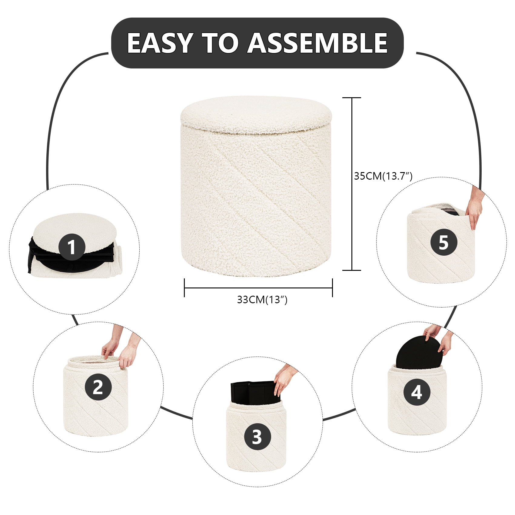 PINPLUS Small Storage Ottoman with Tray Collapsible Foot Rest Stool Seat for Living Room White,Sherpa Fabric