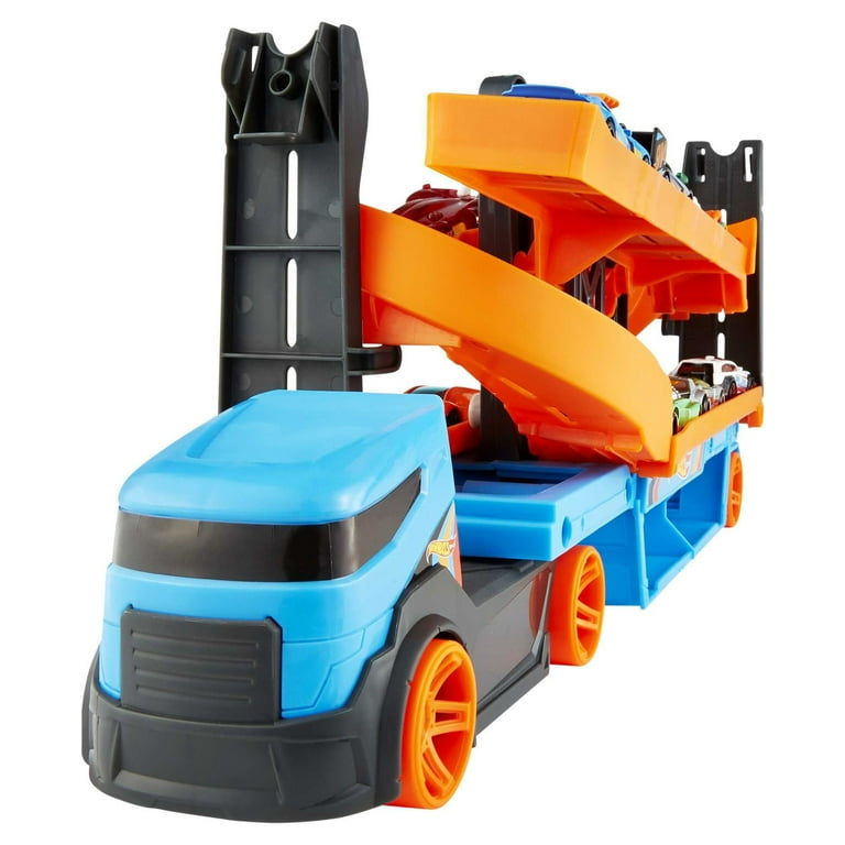 Hot Wheels Lift & Launch Hauler Toy Truck with 10 Cars in 1