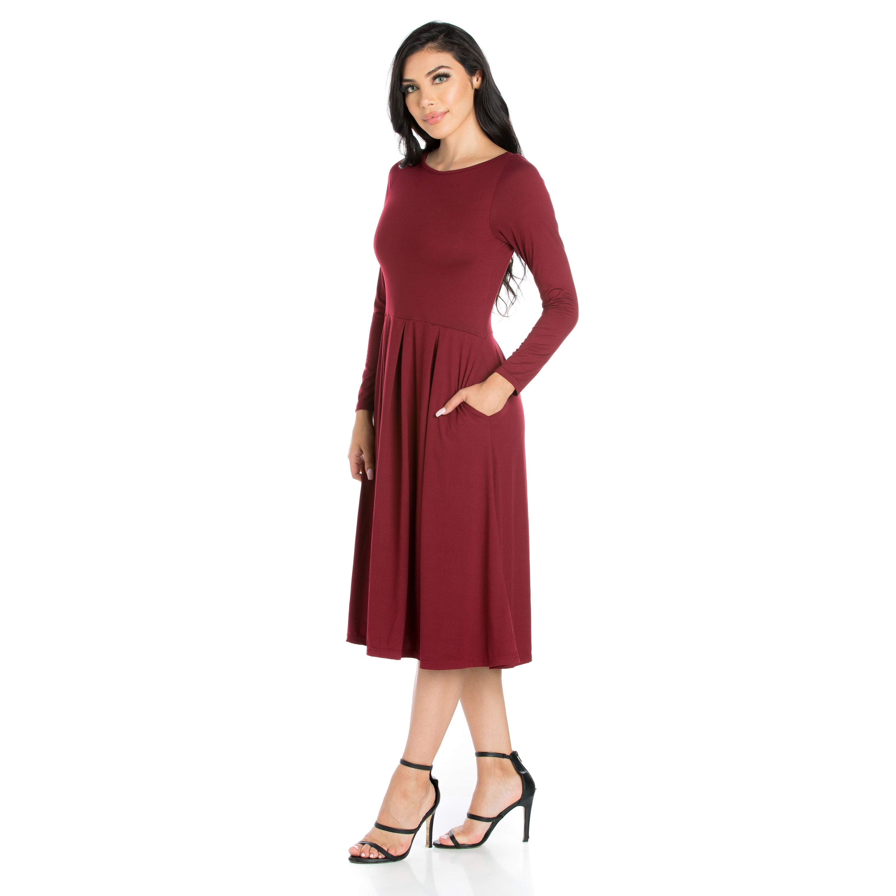 24/7 Comfort Apparel Women's Long Sleeve Fit and Flare Midi Dress