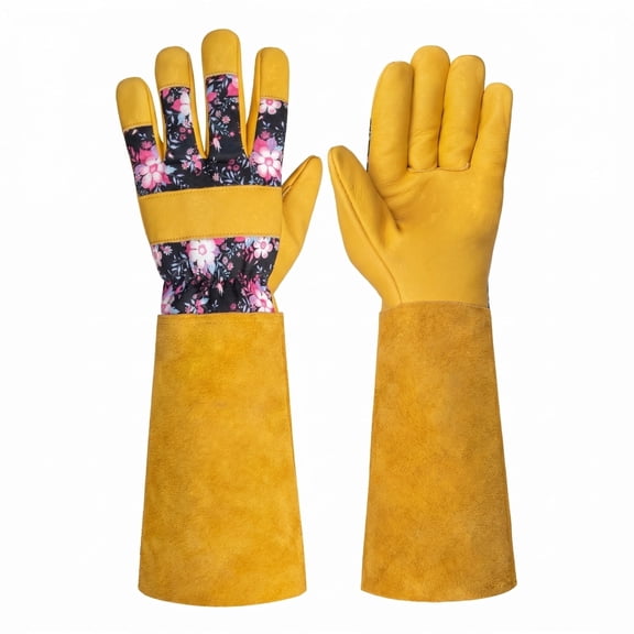 AIWOGLO Women's Long Leather Gardening Gloves, Floral Cowhide Thorn Proof Garden Gloves with Extended Gauntlet Cuff for Yard Work Rose Pruning
