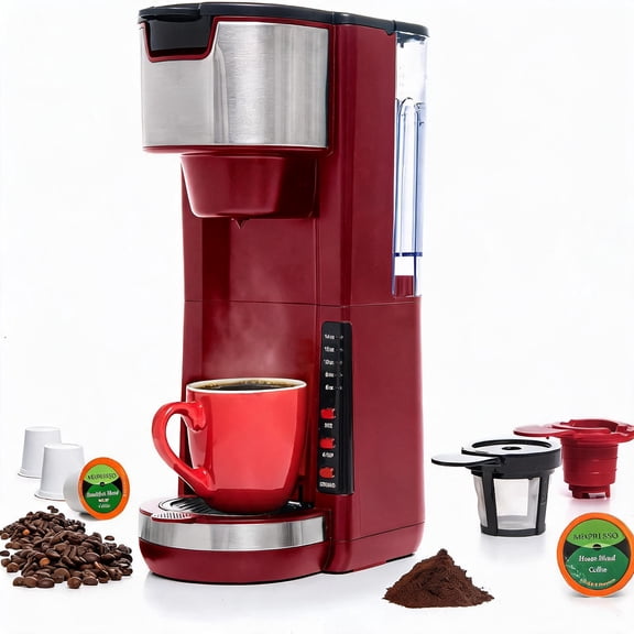 Red Single-Serve Coffee Brewer for K-Cup Pods and Ground Coffee