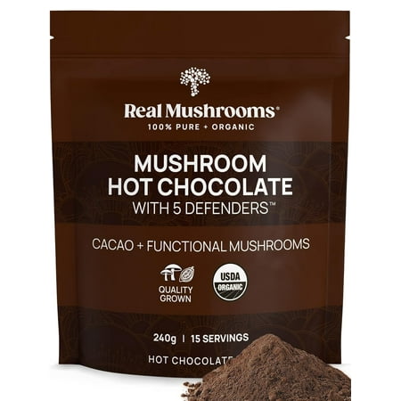 Organic Hot Chocolate Mix with 5 Defenders (Turkey Tail, Chaga, Maitake, Shiitake, & Reishi Mushroom) - Organic Cacao Powder - Vegan Mushroom Supplement, Gluten-Free, 15 Servings