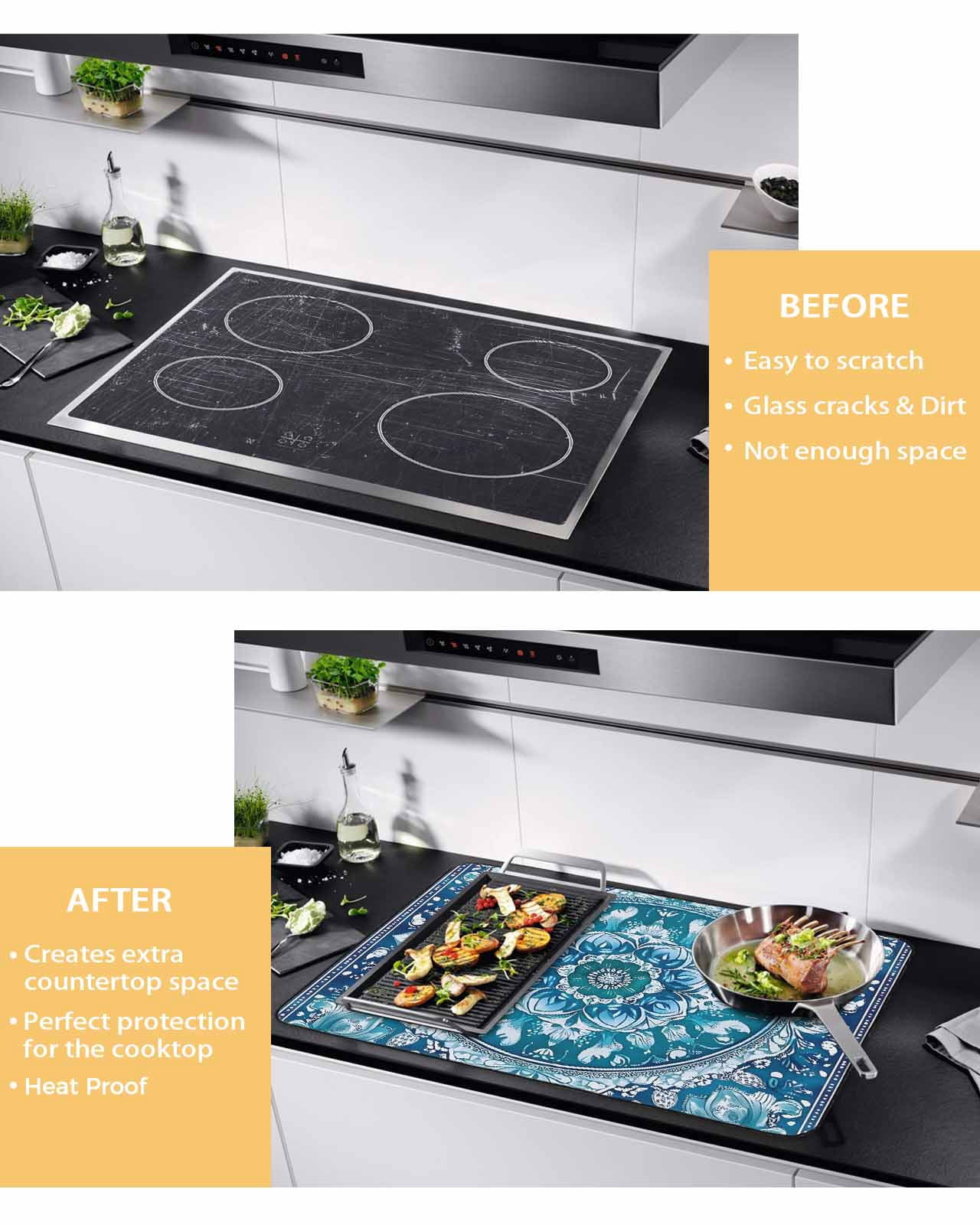 nqOlkjepod Large Induction Cooktop Protector Mat 36"x21", Boho Teal Blue Stove Top Covers for Electric Stove, Abstract Flowers Ethnic Southwestern Stove Burner Cover Mats, Glass Top Stove Cover