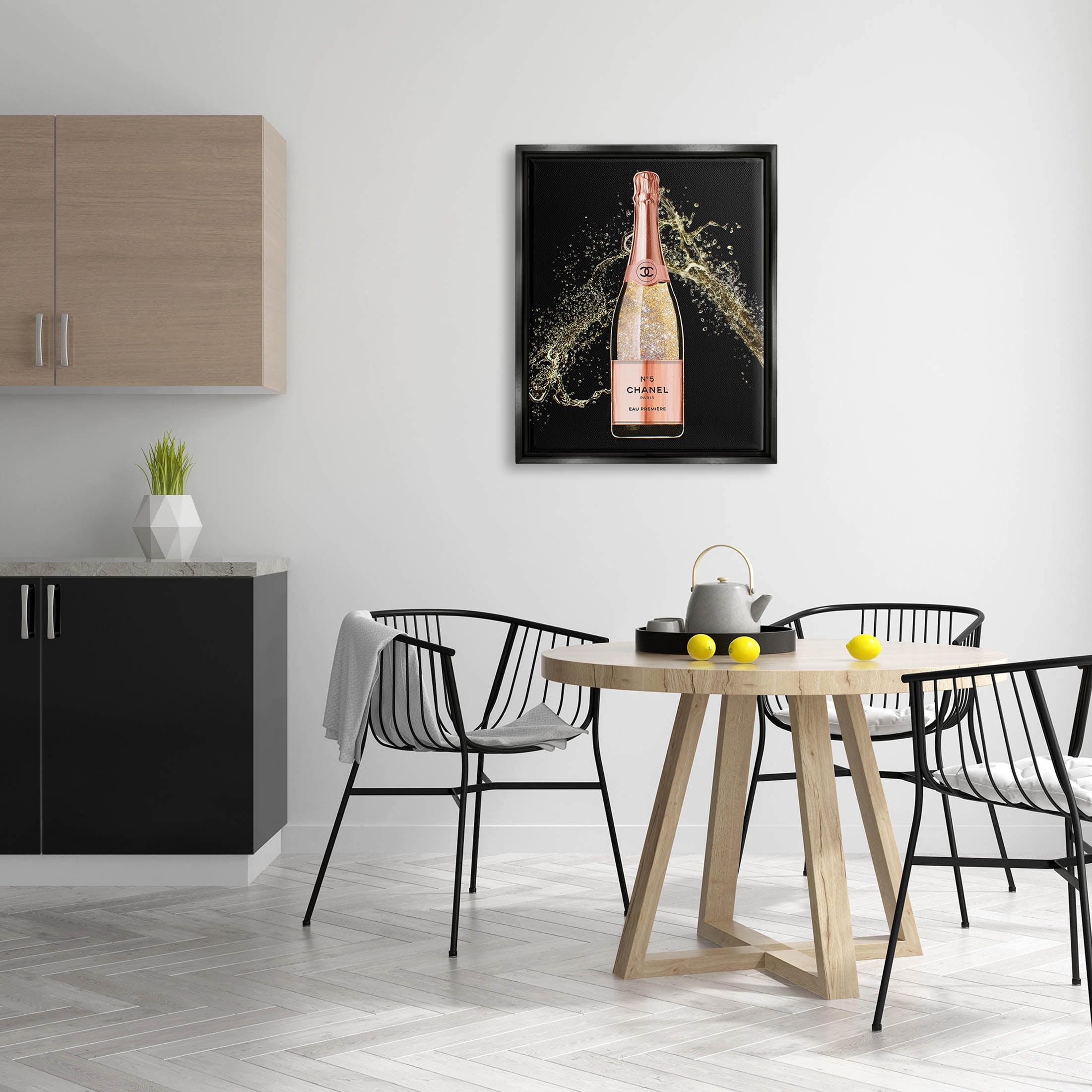 Stupell Industries Glam Fashion Champagne Bottle Splash Graphic Art Jet Black Floating Framed Canvas Print Wall Art, Design by Ziwei Li