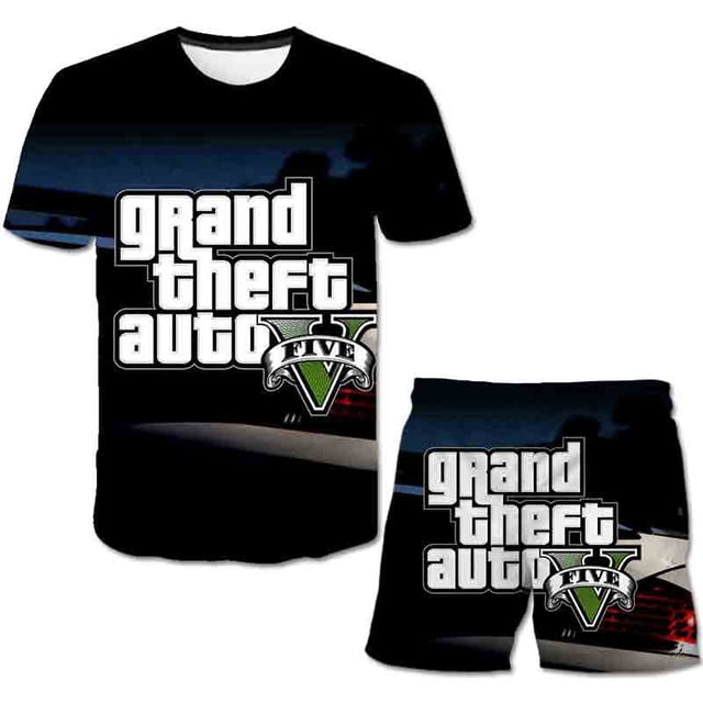 Juego de dos piezas para niñas GTA 5, conjuntos de ropa de verano, camiseta de manga, conjuntos para niños, ropa de moda para niñas, trajes, trajes casuales 6M-14T12M Gao Jinjia LED