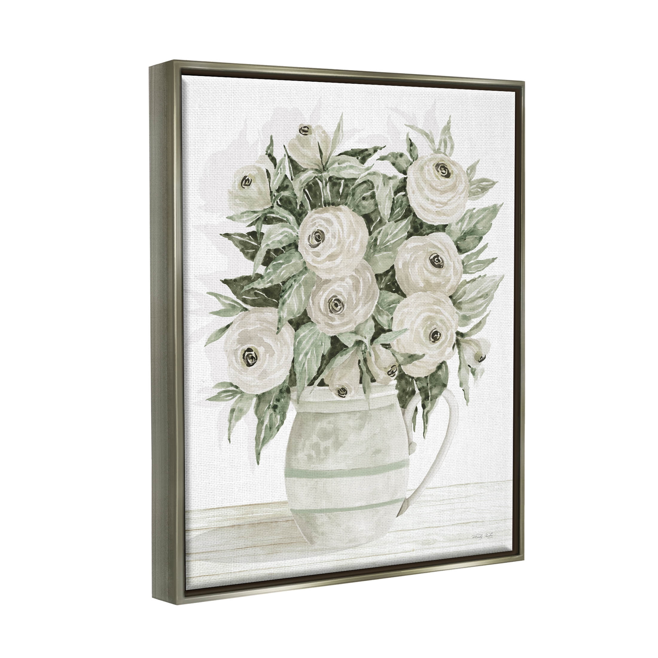 Stupell Industries White Ranunculus Blossoms Flower Vase Painting Luster Gray Floating Framed Canvas Print Wall Art, Design by Cindy Jacobs