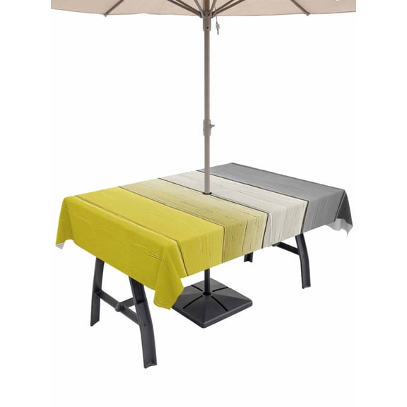 Outdoor Tablecloths with Umbrella Hole & Zipper, Yellow Gray Ombre 60 x102 Inch Rectangle Tablecloths, Vintage Country Wooden Waterproof Table Cloth, Patio/Pool/Picnic Table Covers