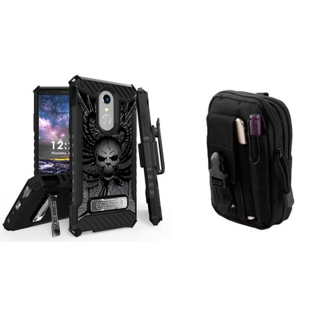 BC Military Grade [MIL-STD 810G-516.6] Kickstand Belt Holster Case (Skull Wings) with Tactical EDC MOLLE Utility Waist Pack Holder Pouch, Atom Cloth for LG Stylo 4+ Plus/LG Stylo 4