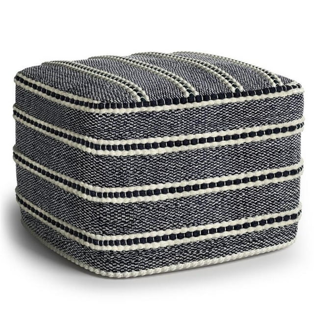 Simpli Home Corrie 18" Wide Boho Square Pouf in Navy & White Woven PET Polyester