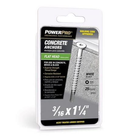 

Hillman 0.18x 1.25 in. Power Pro Carbon Steel Flat Head Concrete Screw Anchor White - 25 Piece