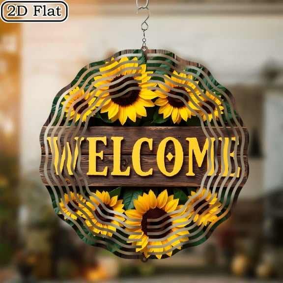 3D Rotating Wind Chime_Welcome Sunflower Wreath_ - 10*10 Inch Stainless Steel Wind Spinner for Yard, Garden, Outdoor Decor - Multicolor Holiday Decoration