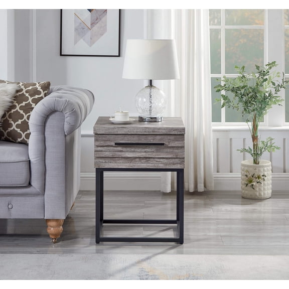 Space Saving Storage End Table with Drawer for Living Room Gray Wood Metal Nightstand