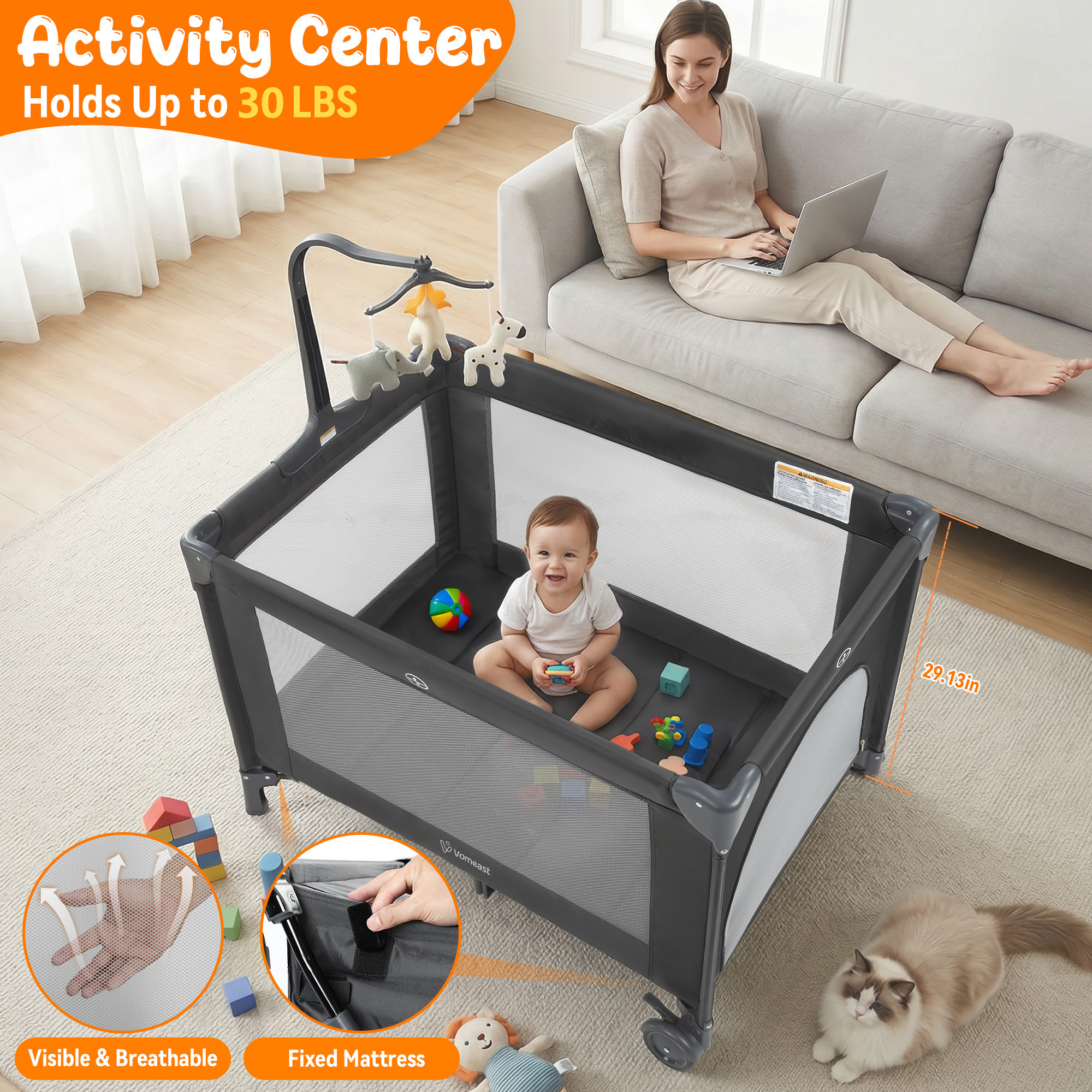 Vomeast Baby Playard with Bassinet and Toy Bar, Black photo 3
