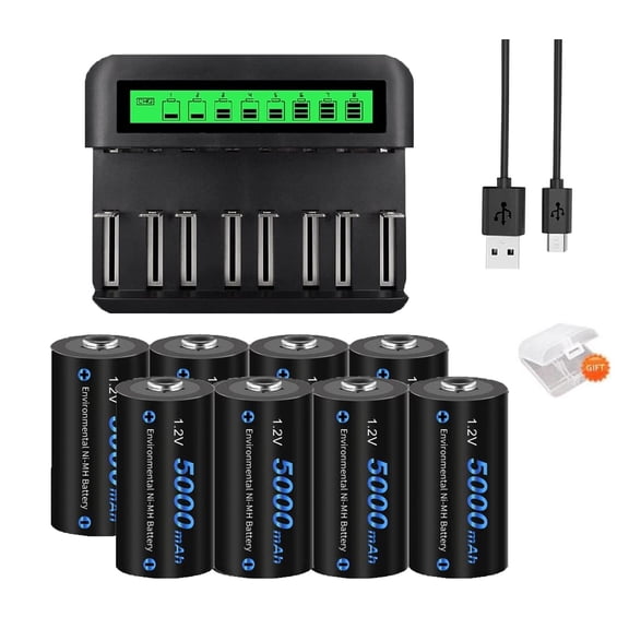 CITYORK 8 C Size High Capacity Low Self Discharge 1.2v Ni-MH Rechargeable Batteries with 8 Slots Intelligent Fast LCD Indicator USB Battery Charger For 1.2V AA AAA C D Size Ni-MH Batteries