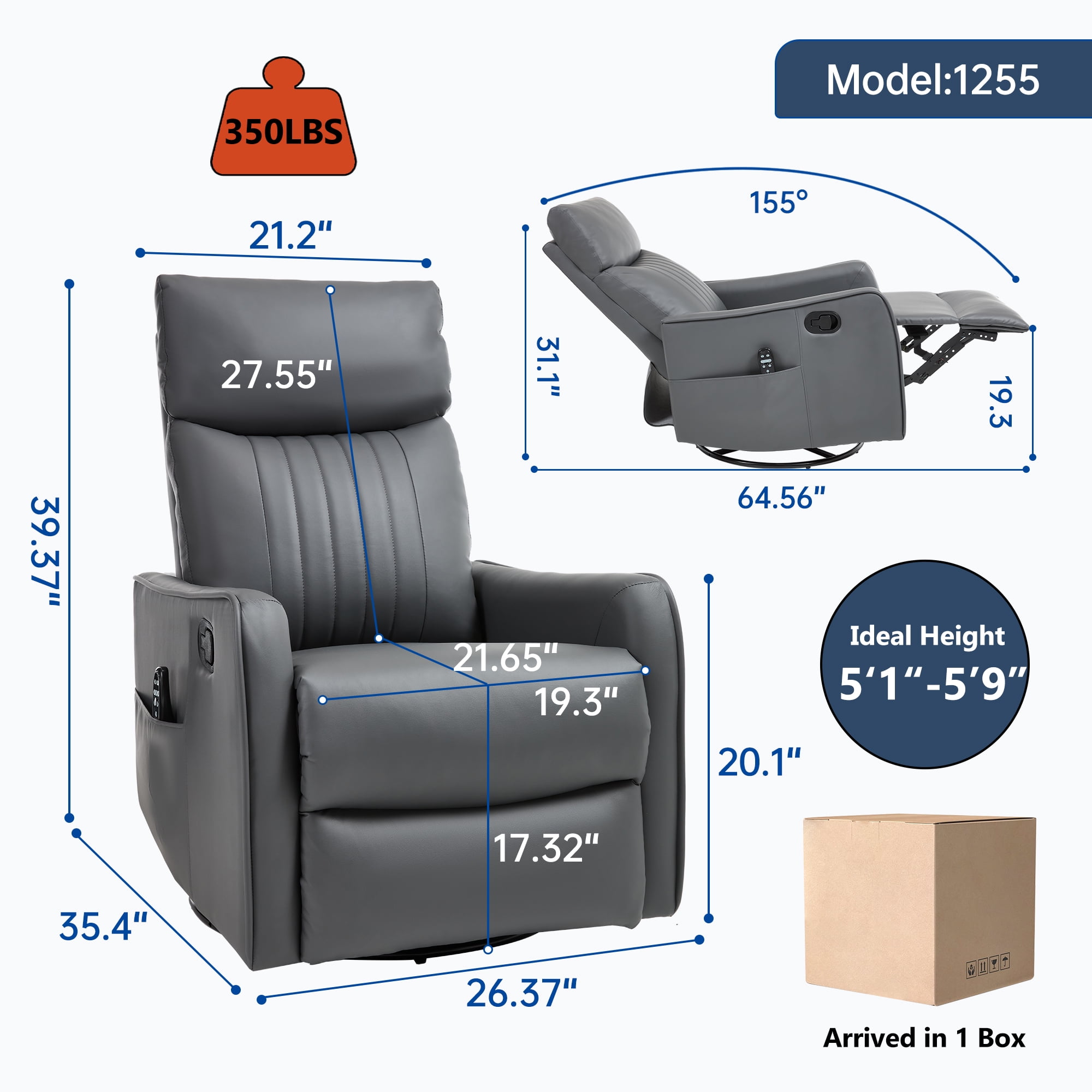 Leumius Manual Swivel Rocker Recliner Chair for Adults,Overstuffed Reclining Glider Chair with Vibration Massage & Heat,Upholstered Recliners with Side Pockets for Living Room,Grayish Green PU