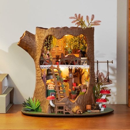 ROBOTIME DIY Miniature House Kit Fairytale Tree Wooden Dollhouse Home Decor Tiny House Craft Kits Building Set Xmas Gifts for Teens Adults